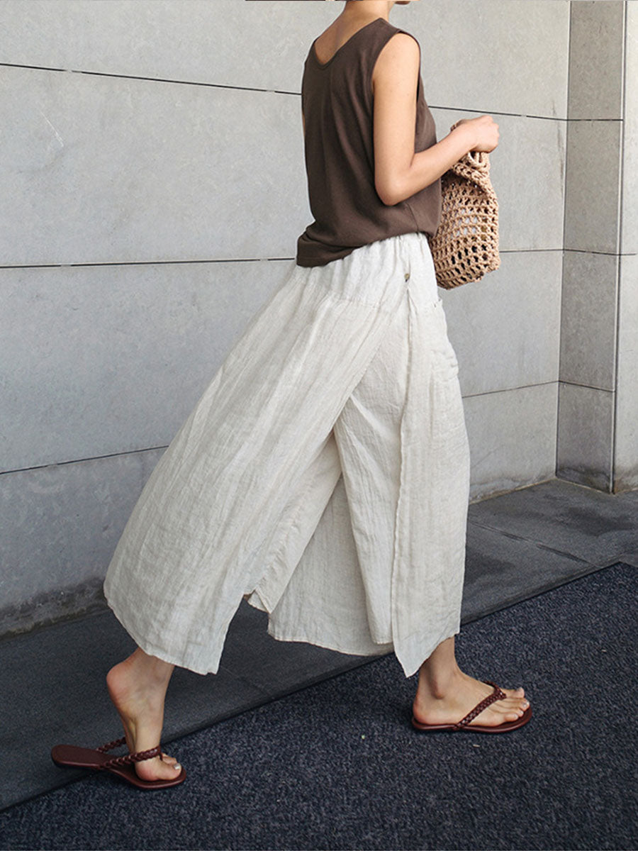 Pantalones tipo falda de lino para mujer con pierna ancha