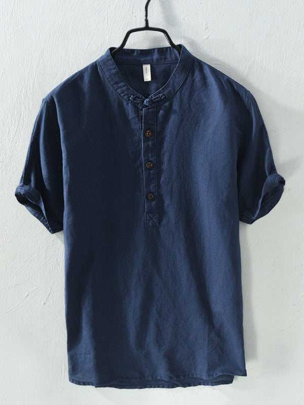 Playera de Manga Corta para Hombre con Cuello Mao de Mezcla de Algodón y Lino