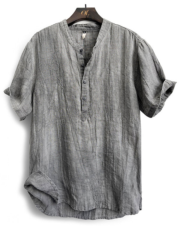 Camisa Henley de manga corta 100 % lino para hombre