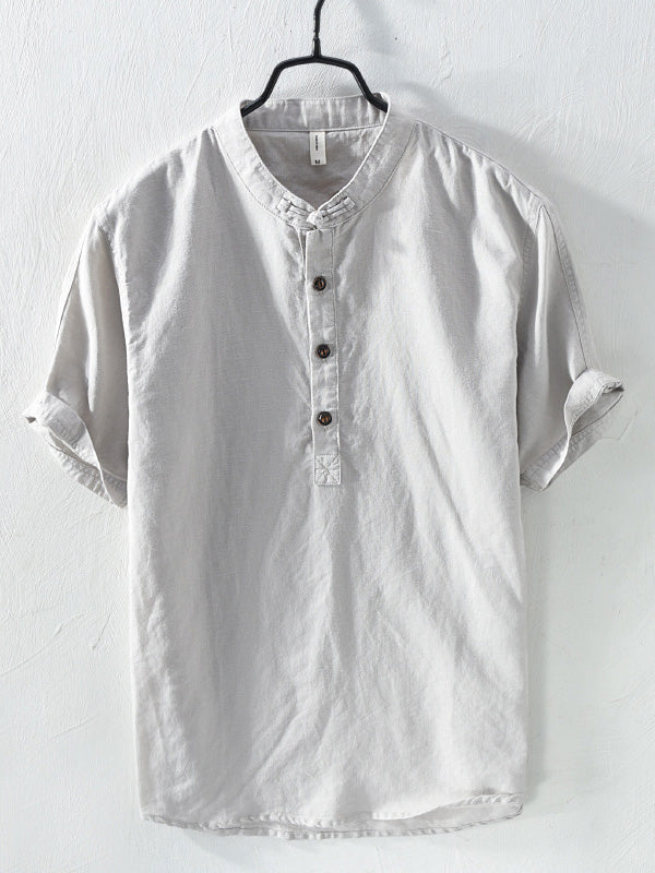 Playera de Manga Corta para Hombre con Cuello Mao de Mezcla de Algodón y Lino