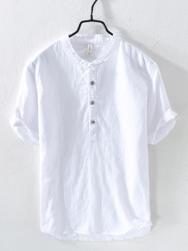 Playera de Manga Corta para Hombre con Cuello Mao de Mezcla de Algodón y Lino