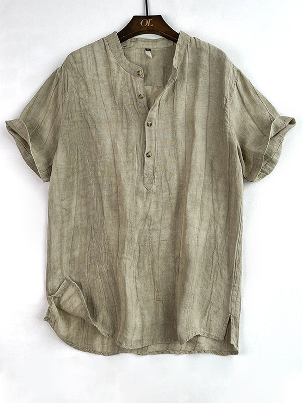 Camisa Henley de manga corta 100 % lino para hombre
