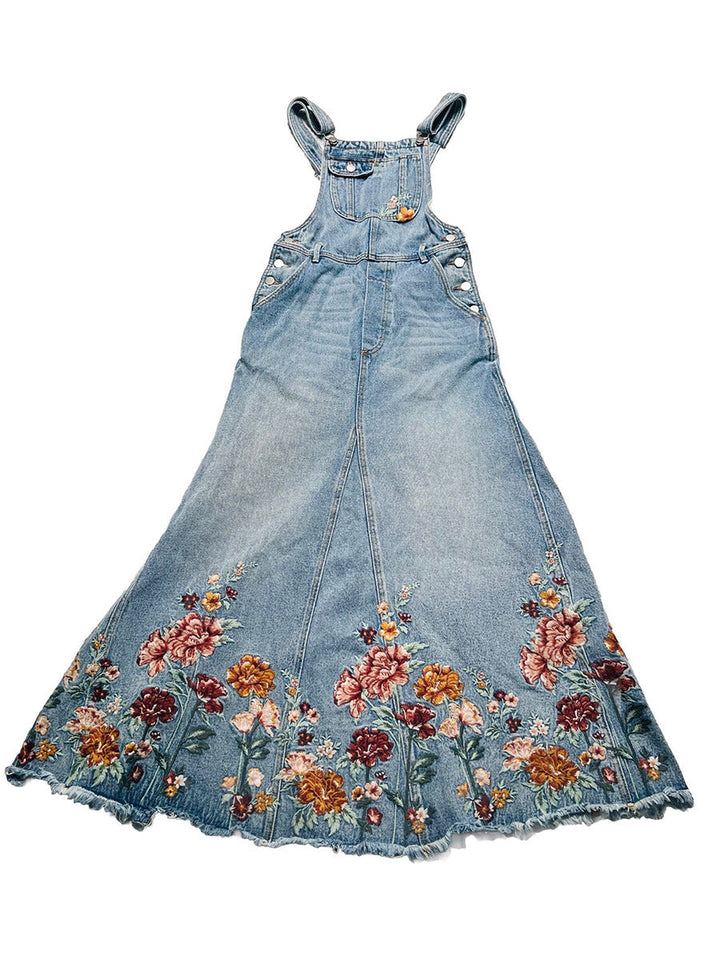 Jumper de Mezclilla con Falda Larga y Bordado Floral