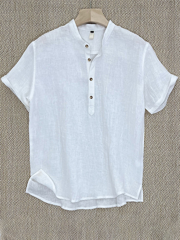 Camisa Henley de manga corta 100 % lino para hombre