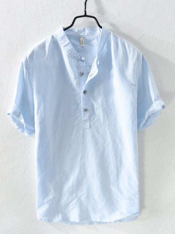 Playera de Manga Corta para Hombre con Cuello Mao de Mezcla de Algodón y Lino