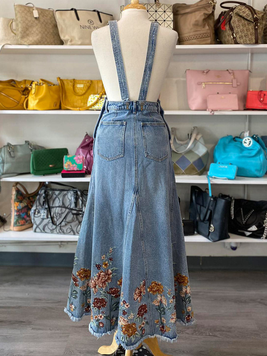 Jumper de Mezclilla con Falda Larga y Bordado Floral
