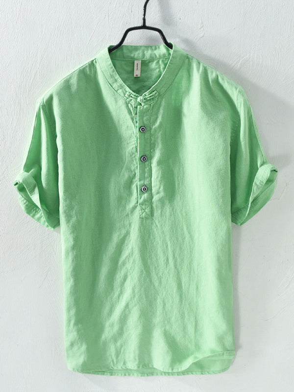 Playera de Manga Corta para Hombre con Cuello Mao de Mezcla de Algodón y Lino
