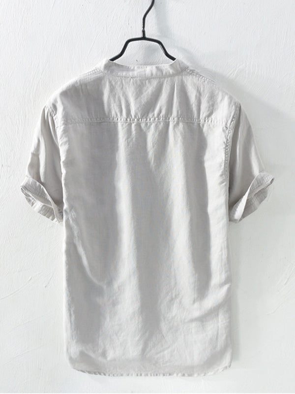 Playera de Manga Corta para Hombre con Cuello Mao de Mezcla de Algodón y Lino
