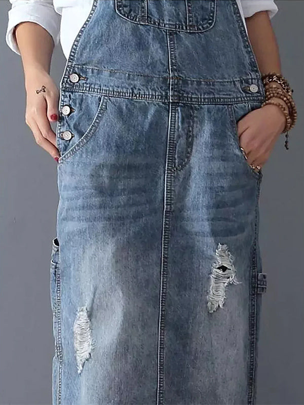 Vestido overol de mezclilla para mujer con abertura trasera y acabado desgastado