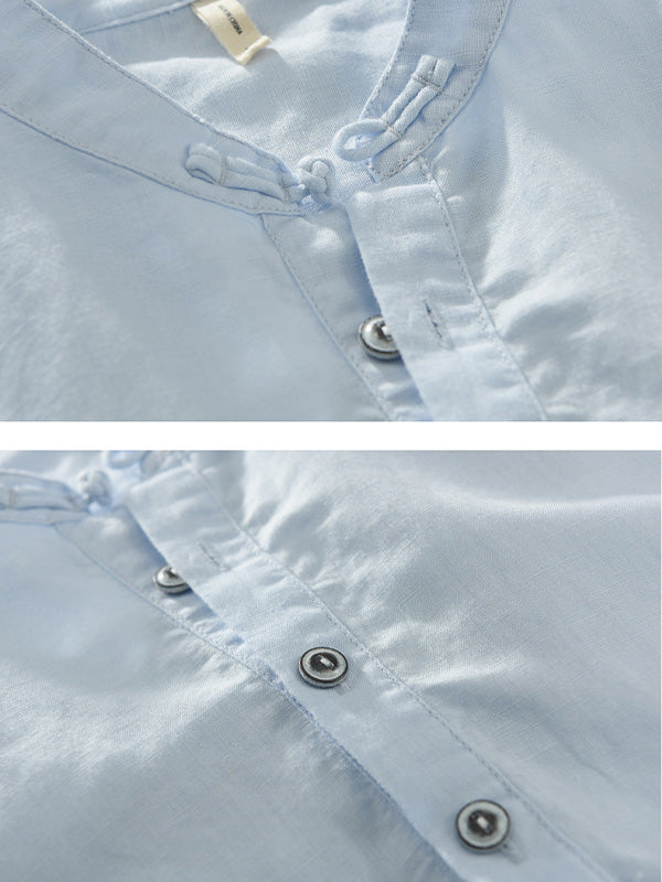 Playera de Manga Corta para Hombre con Cuello Mao de Mezcla de Algodón y Lino