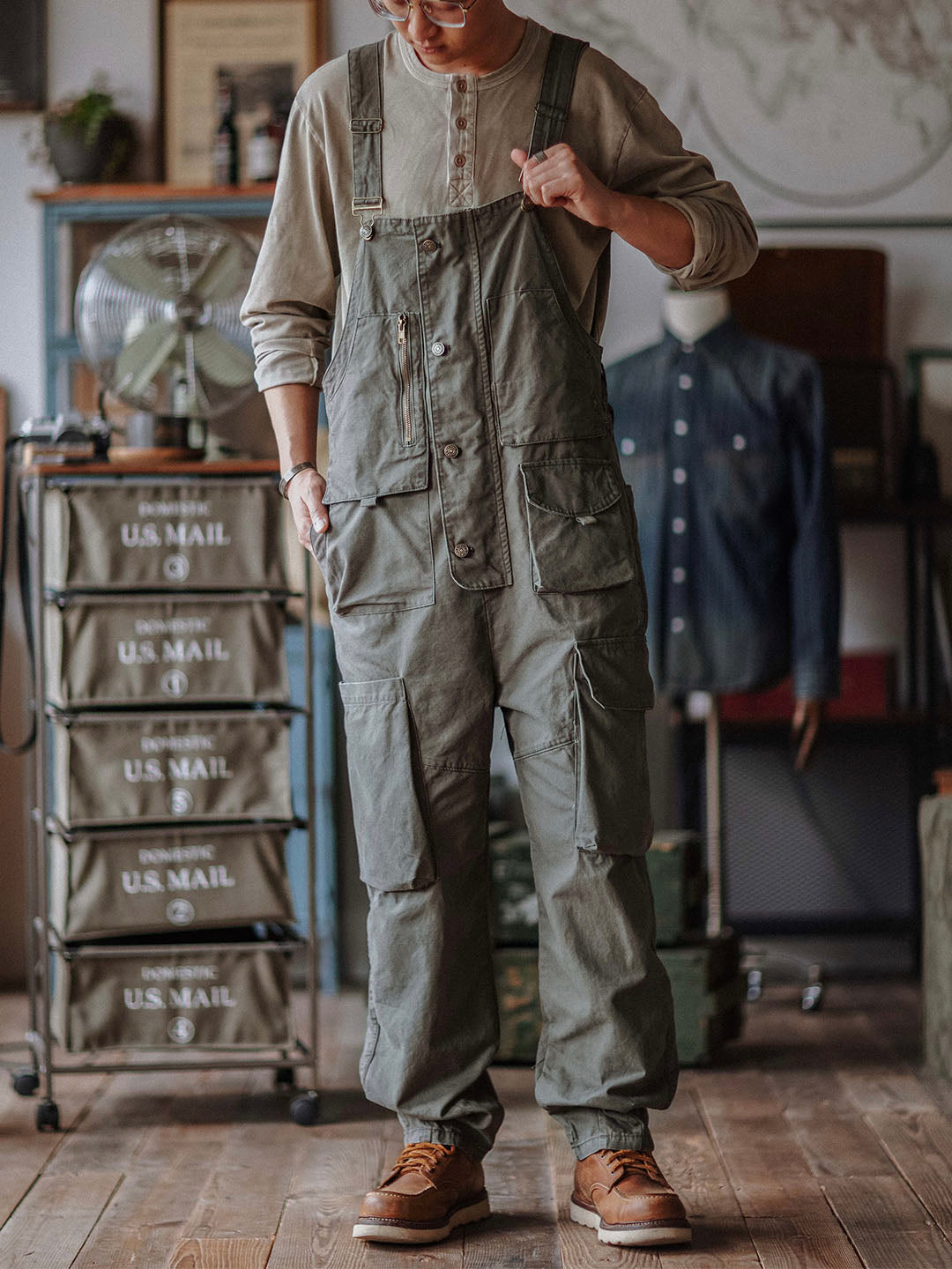 Overol con pechera de lona para hombre con bolsillos extra grandes