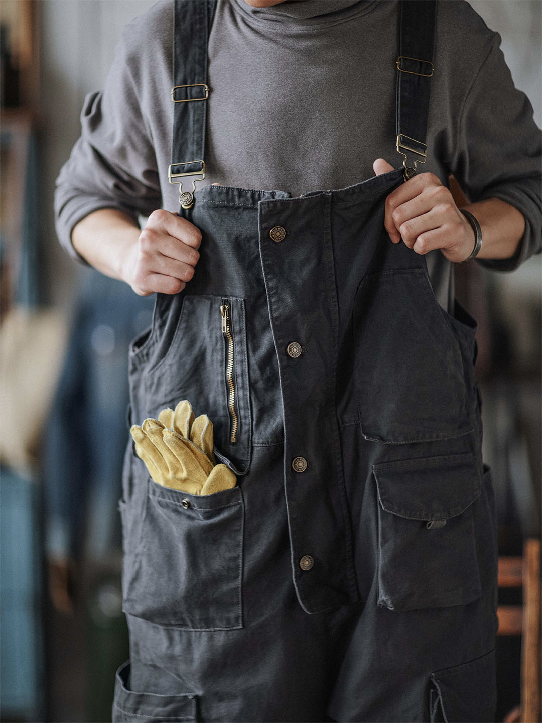 Overol con pechera de lona para hombre con bolsillos extra grandes