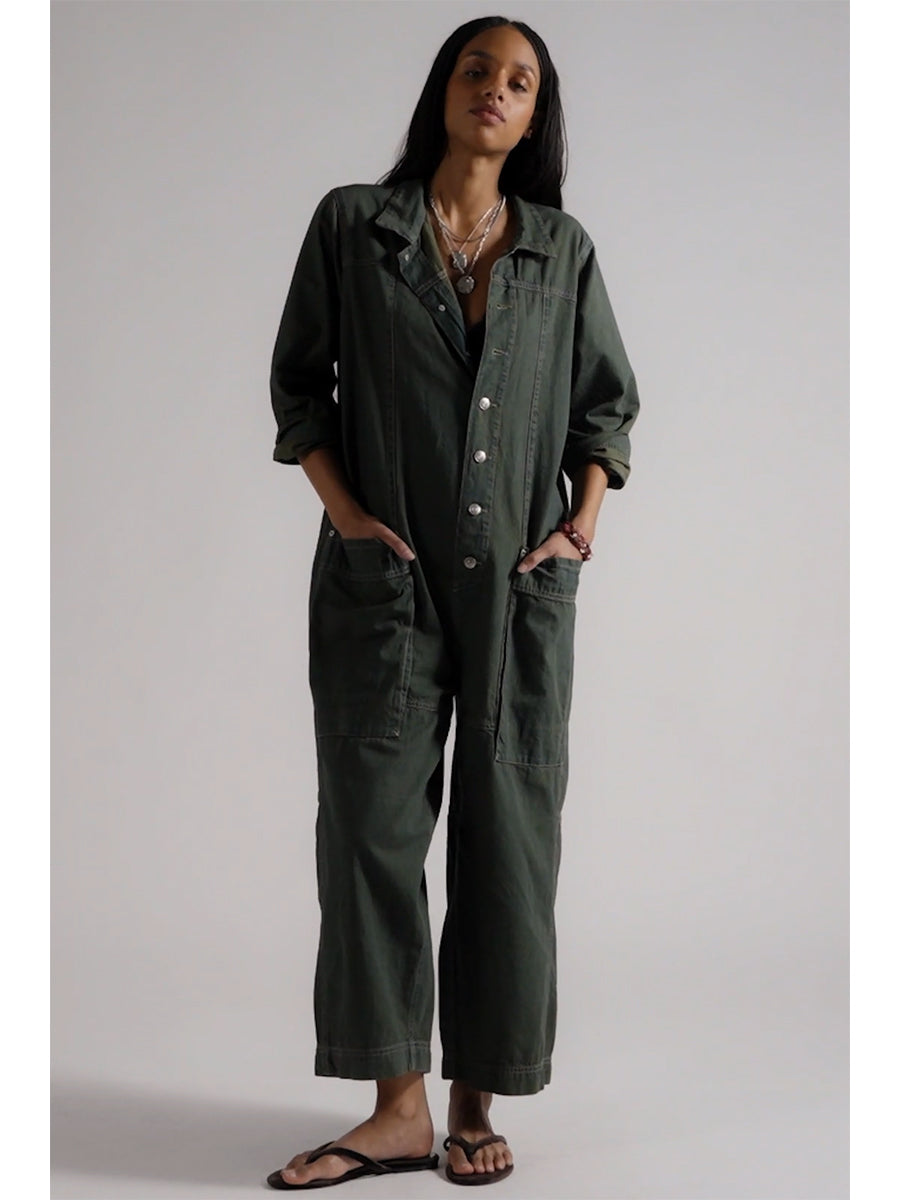 Jumpsuit de Mezclilla de Pierna Ancha con Bolsillos Utilitarios para Mujer