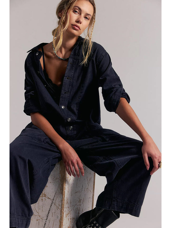 Jumpsuit de Mezclilla de Pierna Ancha con Bolsillos Utilitarios para Mujer