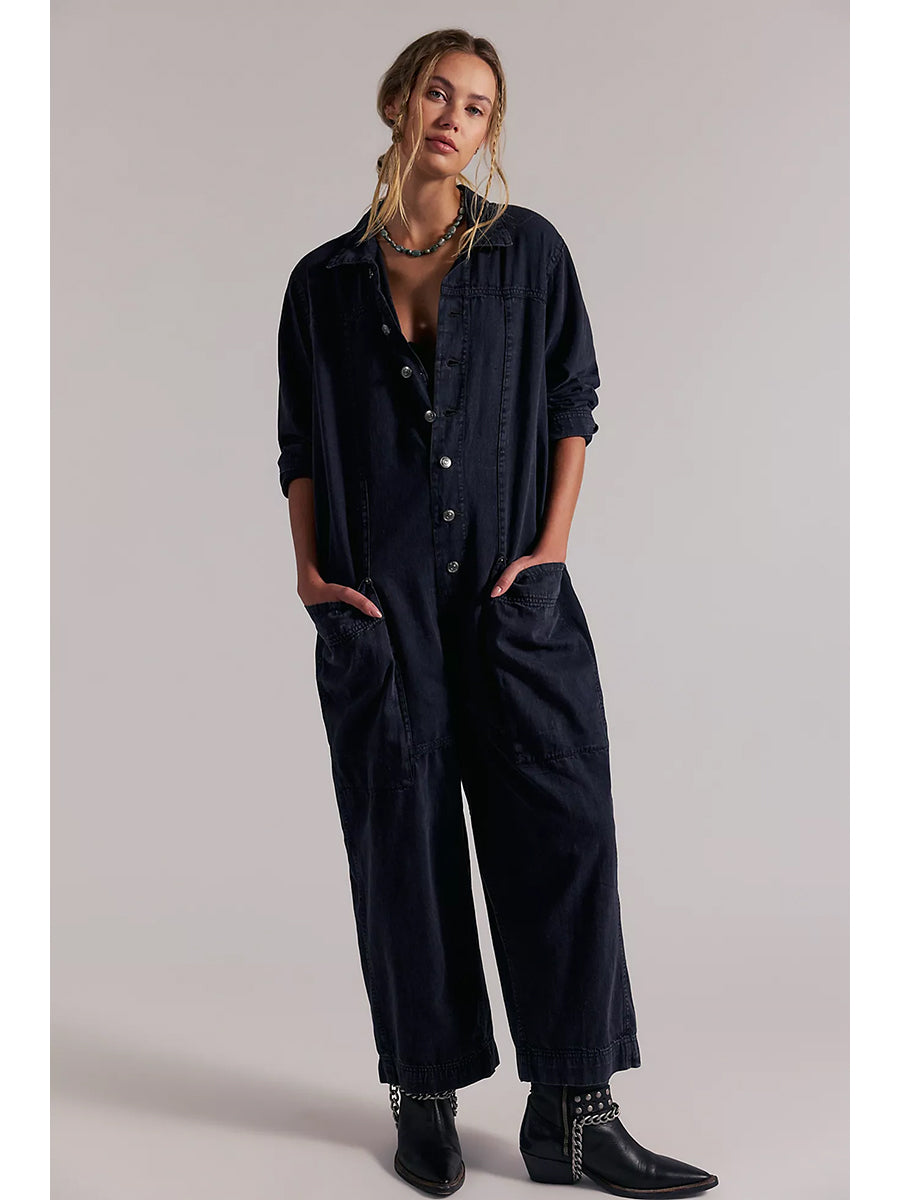 Jumpsuit de Mezclilla de Pierna Ancha con Bolsillos Utilitarios para Mujer