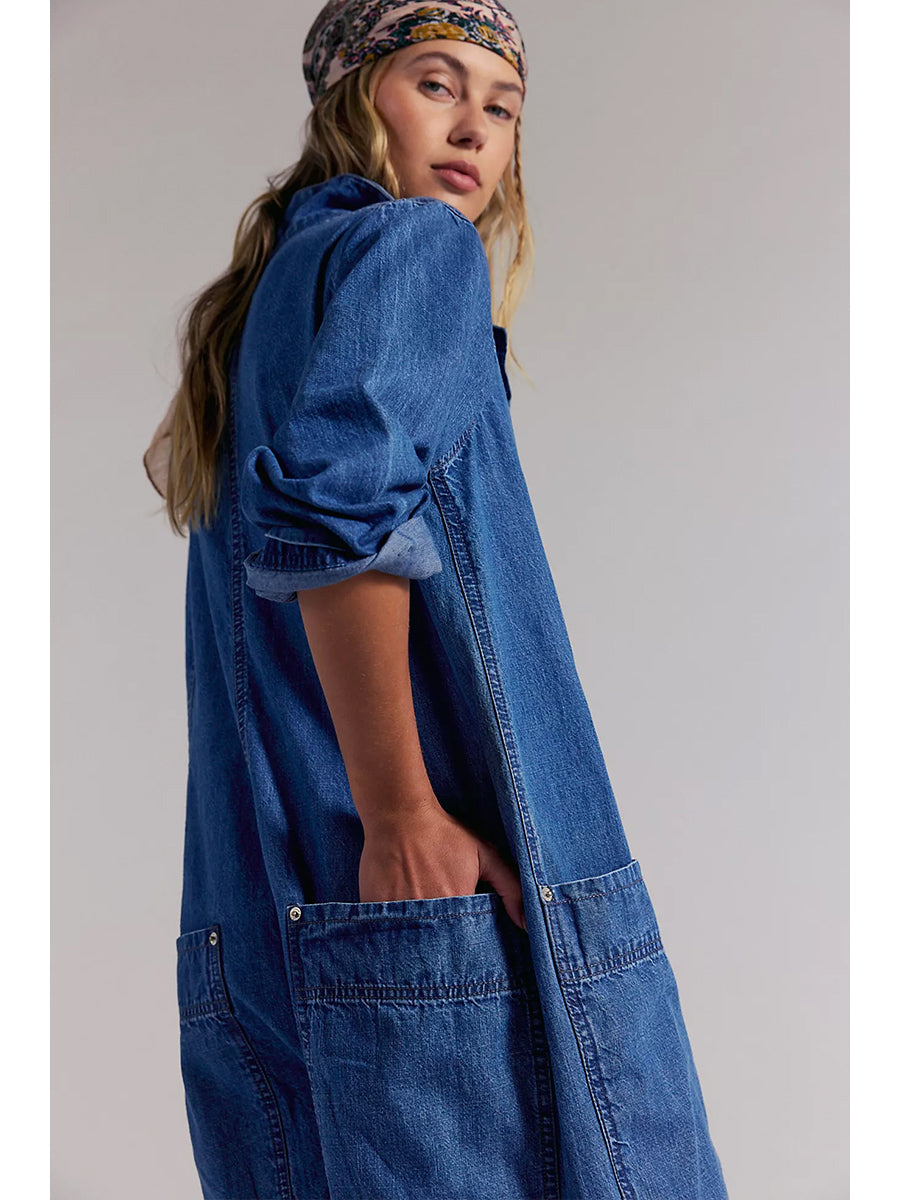 Jumpsuit de Mezclilla de Pierna Ancha con Bolsillos Utilitarios para Mujer
