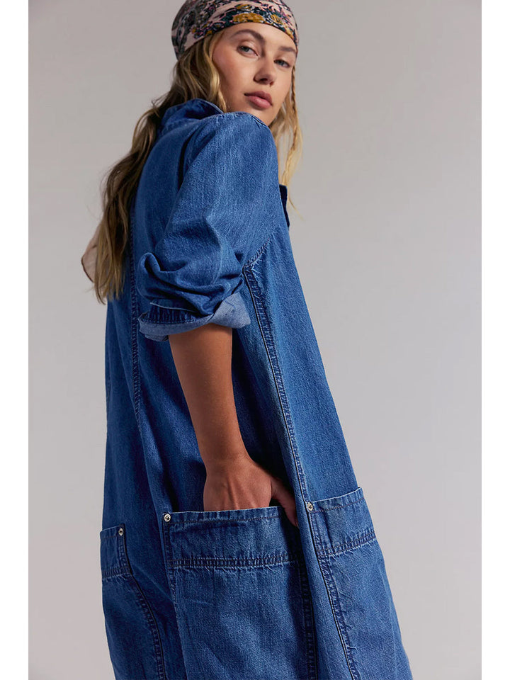 Jumpsuit de Mezclilla de Pierna Ancha con Bolsillos Utilitarios para Mujer