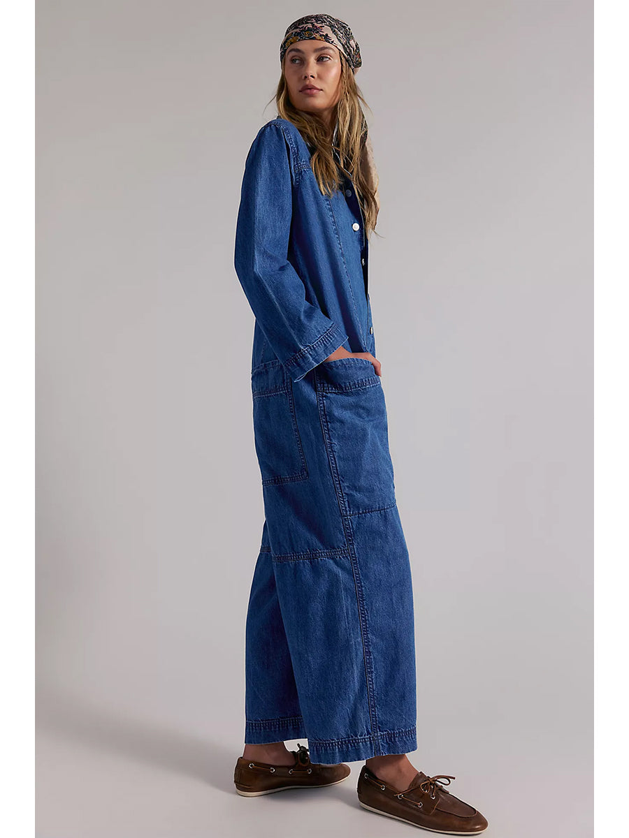 Jumpsuit de Mezclilla de Pierna Ancha con Bolsillos Utilitarios para Mujer