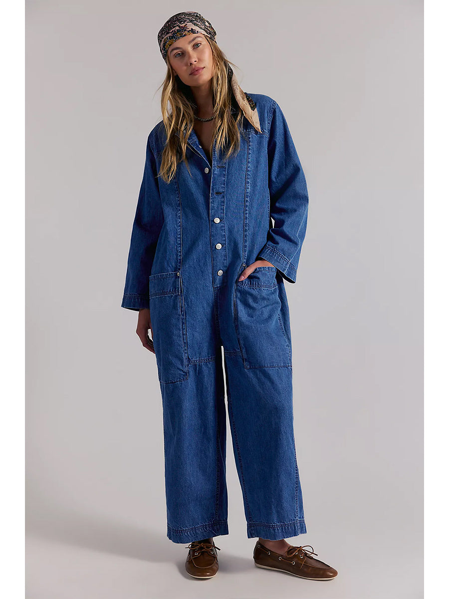 Jumpsuit de Mezclilla de Pierna Ancha con Bolsillos Utilitarios para Mujer