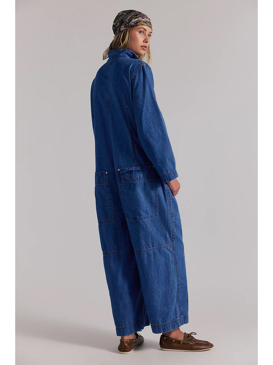 Jumpsuit de Mezclilla de Pierna Ancha con Bolsillos Utilitarios para Mujer