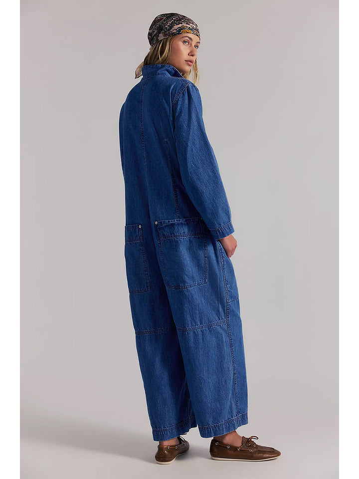 Jumpsuit de Mezclilla de Pierna Ancha con Bolsillos Utilitarios para Mujer