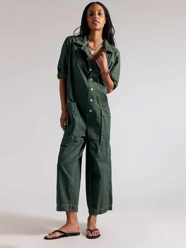 Jumpsuit de Mezclilla de Pierna Ancha con Bolsillos Utilitarios para Mujer