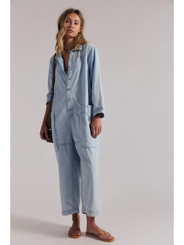 Jumpsuit de Mezclilla de Pierna Ancha con Bolsillos Utilitarios para Mujer