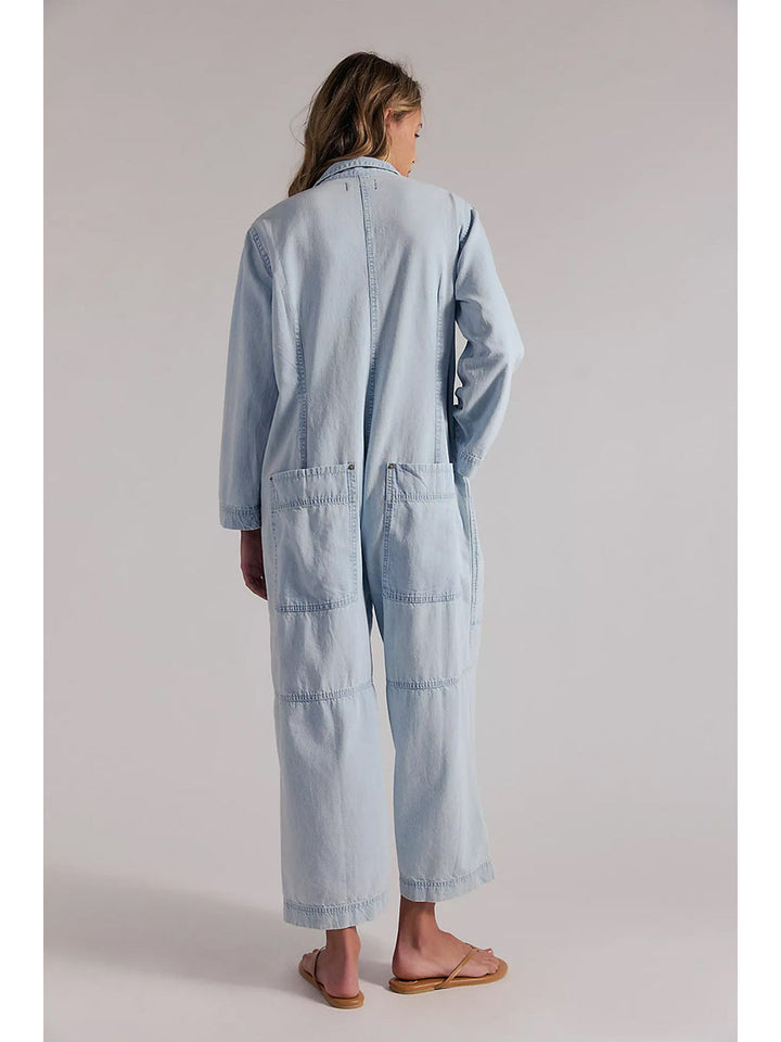 Jumpsuit de Mezclilla de Pierna Ancha con Bolsillos Utilitarios para Mujer