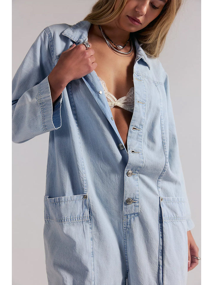 Jumpsuit de Mezclilla de Pierna Ancha con Bolsillos Utilitarios para Mujer