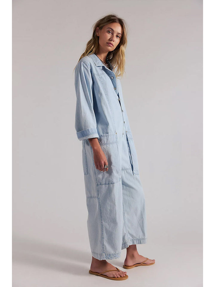 Jumpsuit de Mezclilla de Pierna Ancha con Bolsillos Utilitarios para Mujer